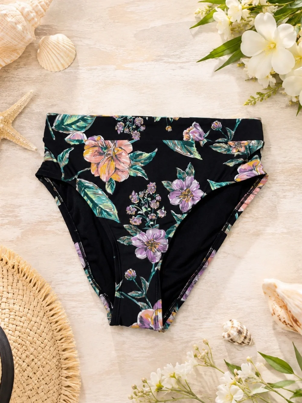 NWT Fresh Water High-Waist Tropical Print Bikini Bottoms Black Floral Size Small